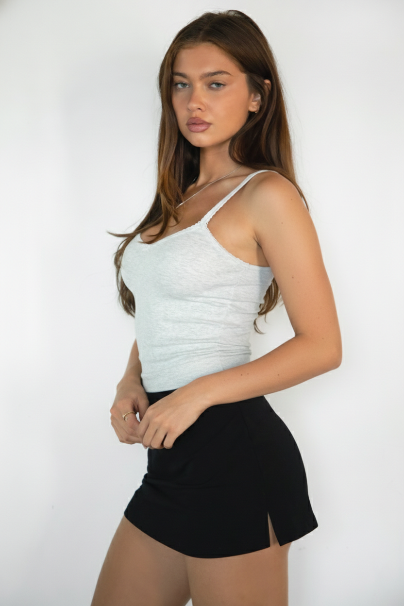ROMIE V-Neck Spaghetti Strap Picot Trim Tank Top