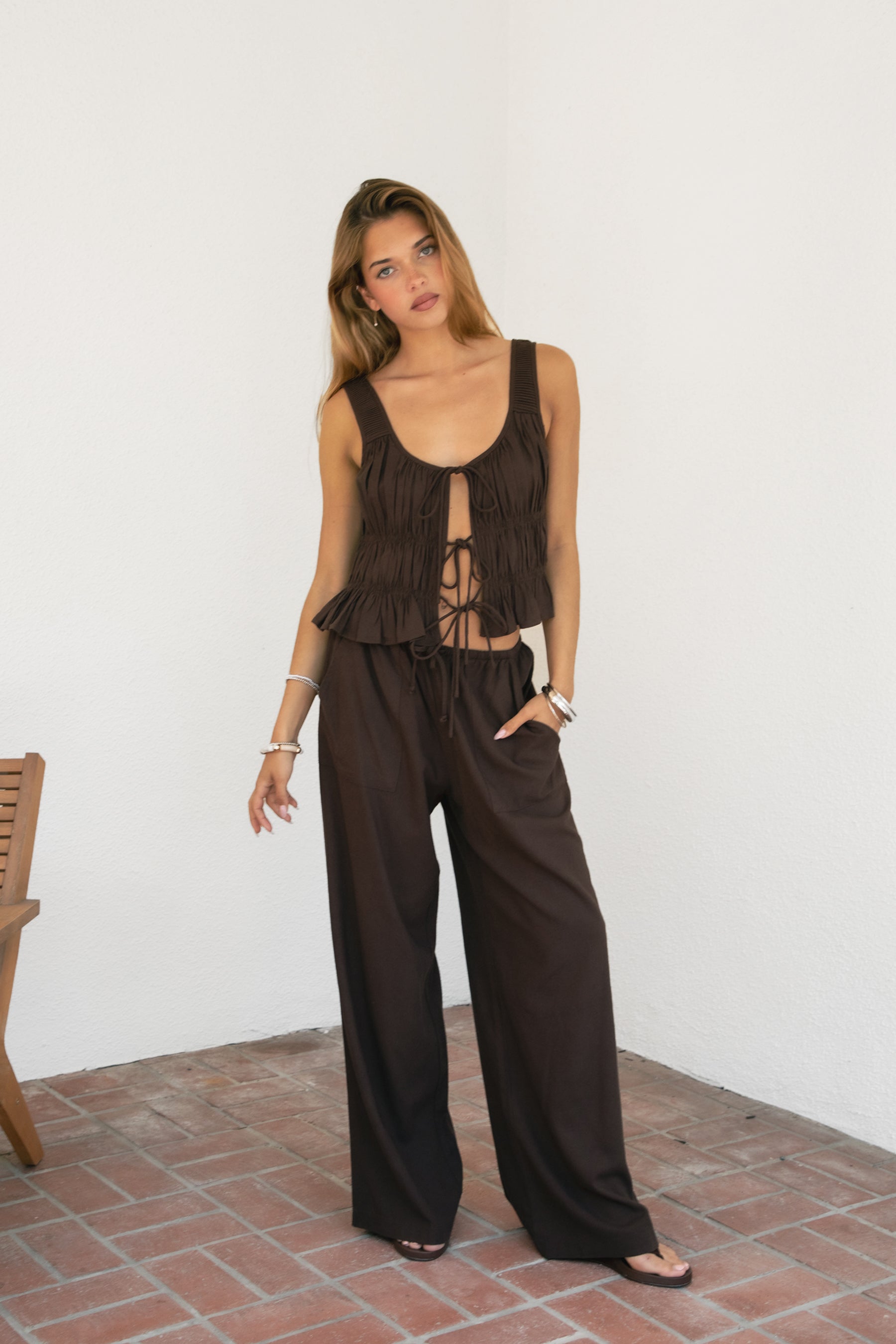 SOLSTICE Ruched Tie Front Round Neck Cami Top
