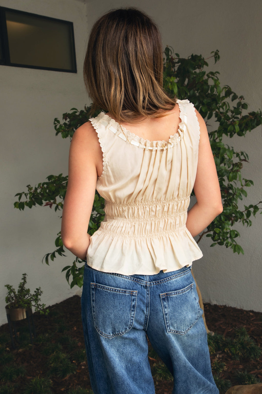 LENA Smocked Ribbon Tie Peplum Tank Top