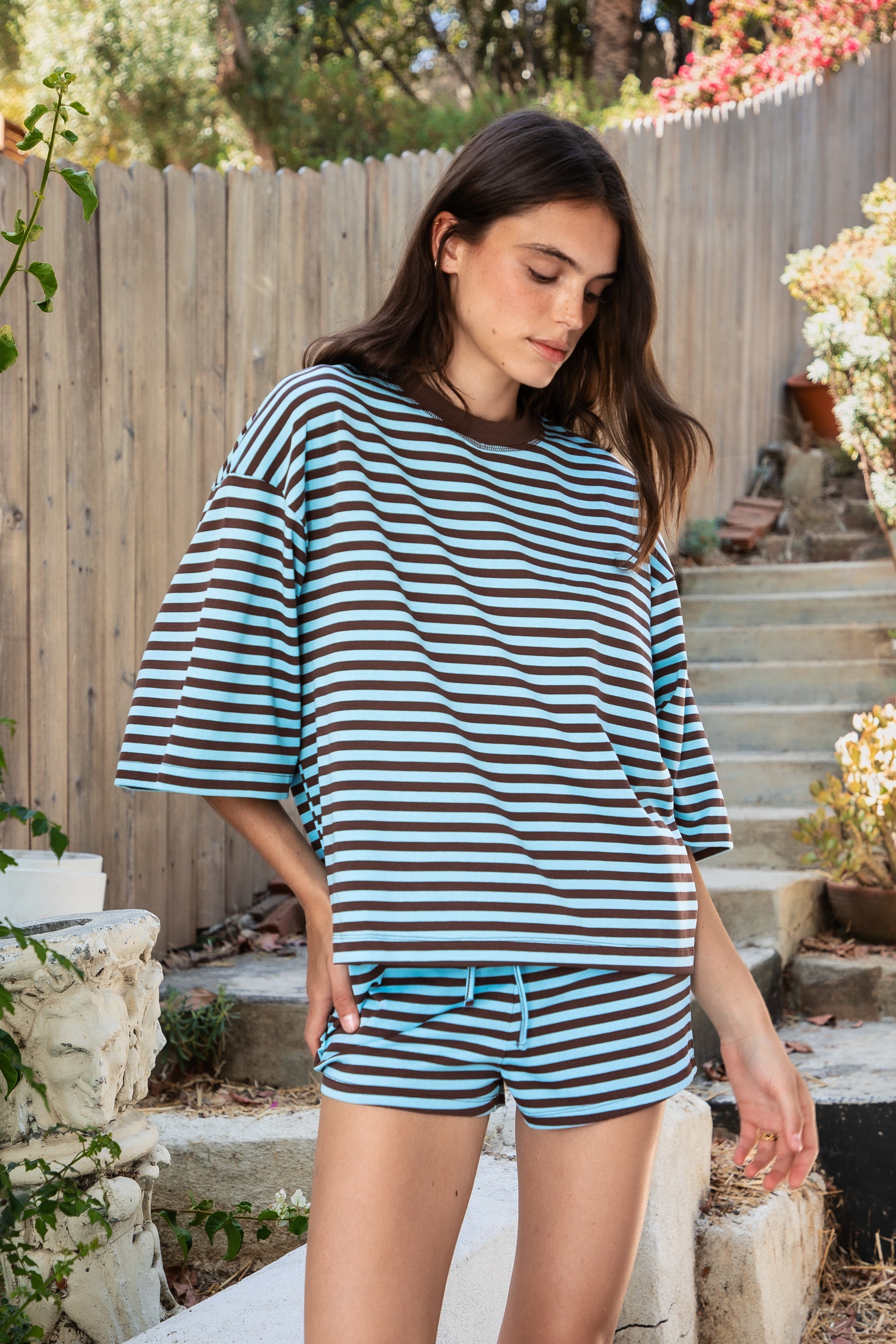 MARLOWE Crewneck Striped Short Sleeve Top