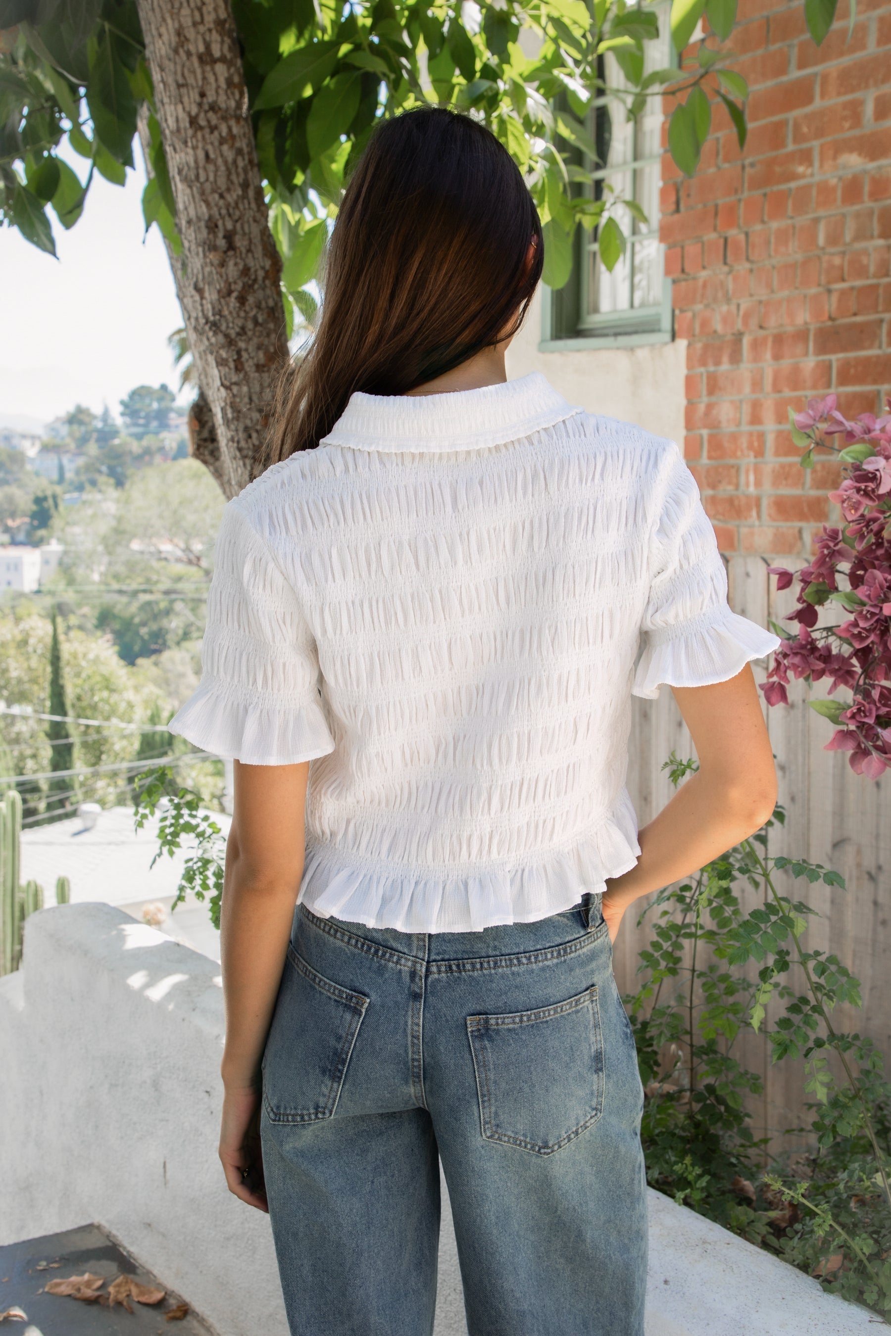 LISETTE Smocked Button Front Collared Crop Top