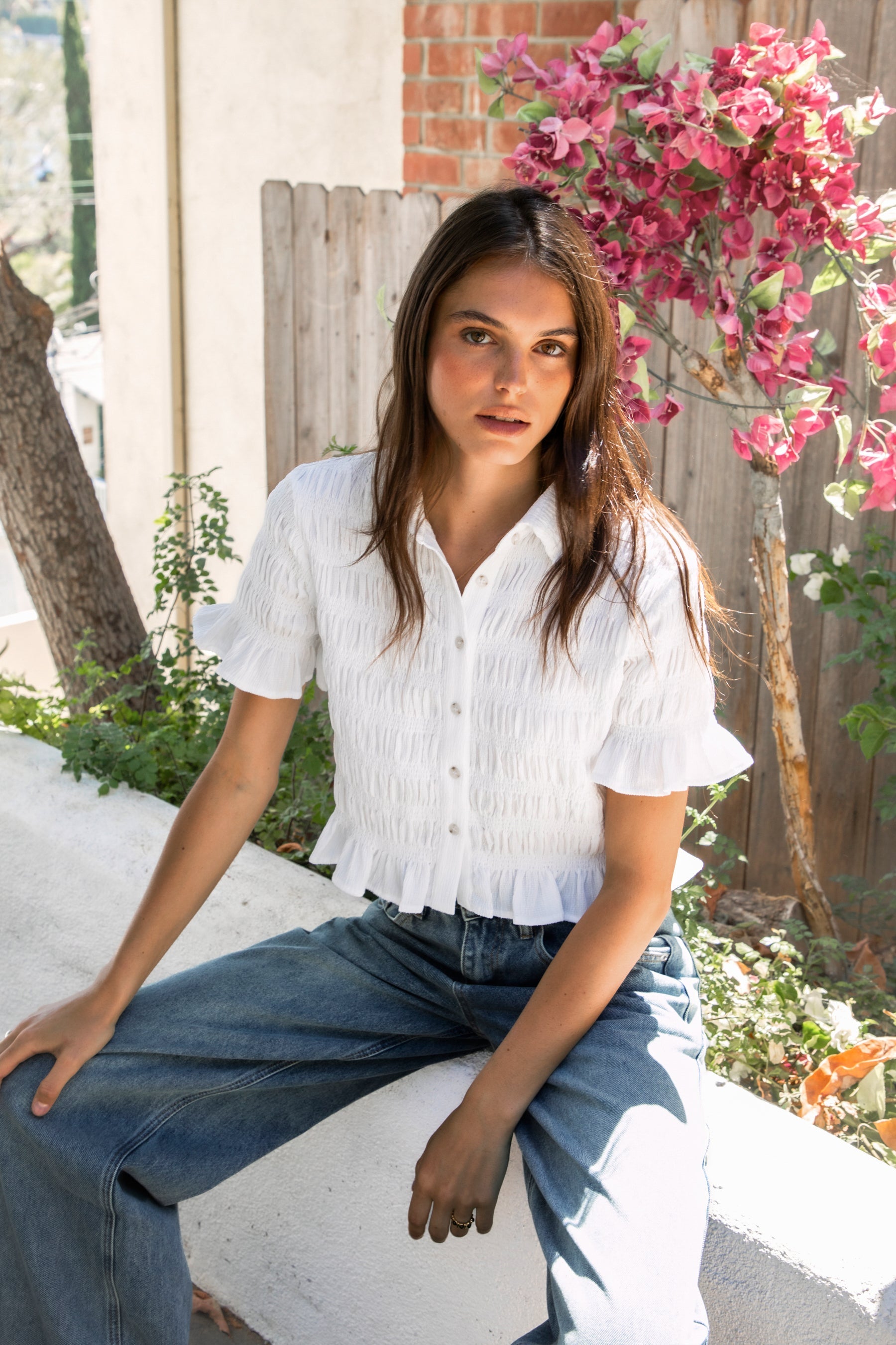 LISETTE Smocked Button Front Collared Crop Top