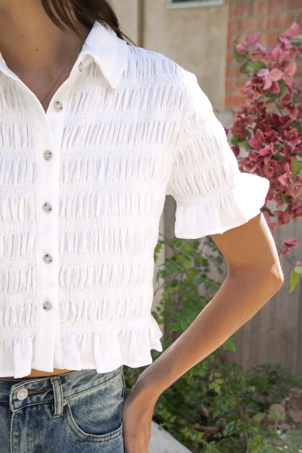 LISETTE Smocked Button Front Collared Crop Top