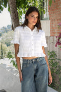 LISETTE Smocked Button Front Collared Crop Top