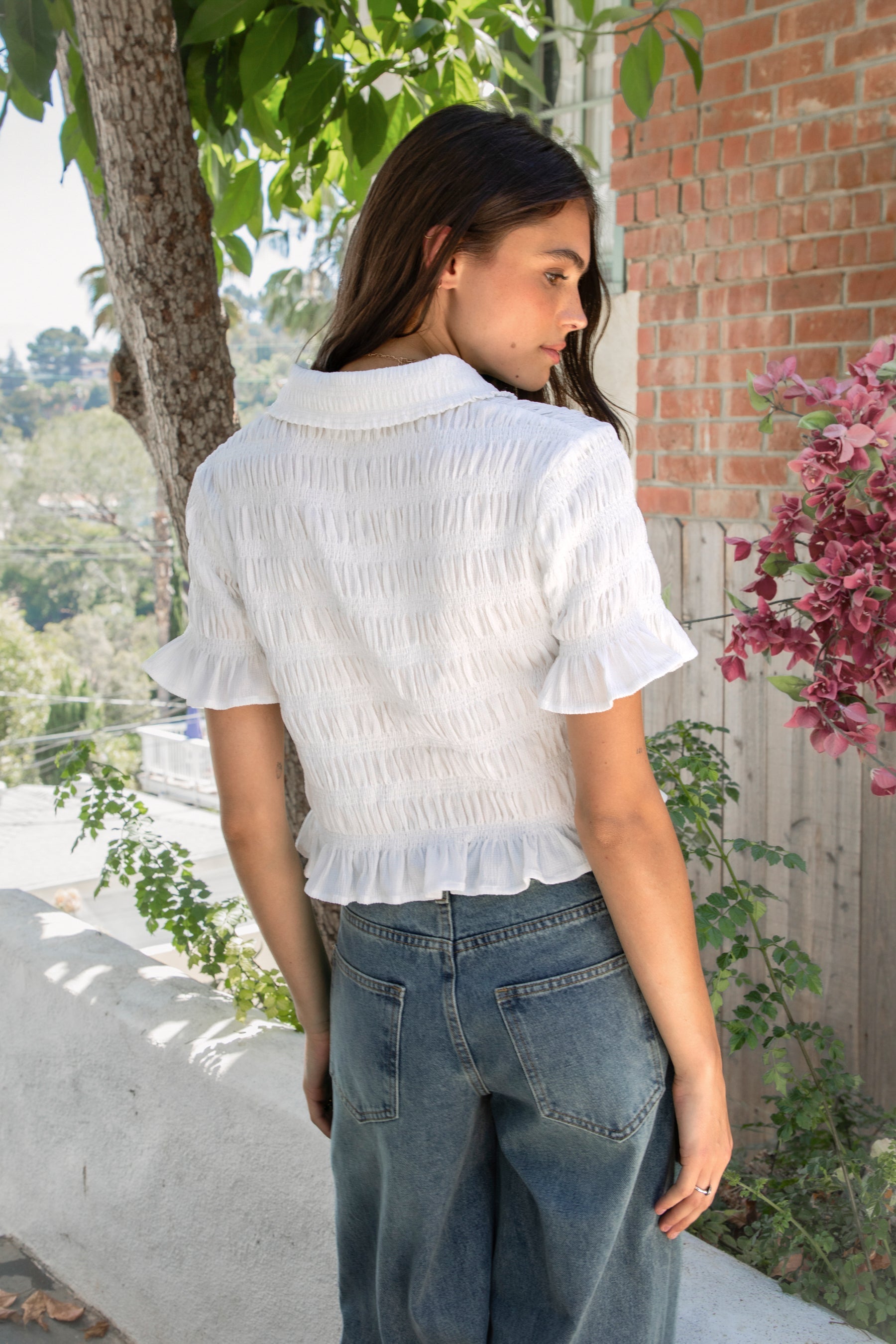 LISETTE Smocked Button Front Collared Crop Top