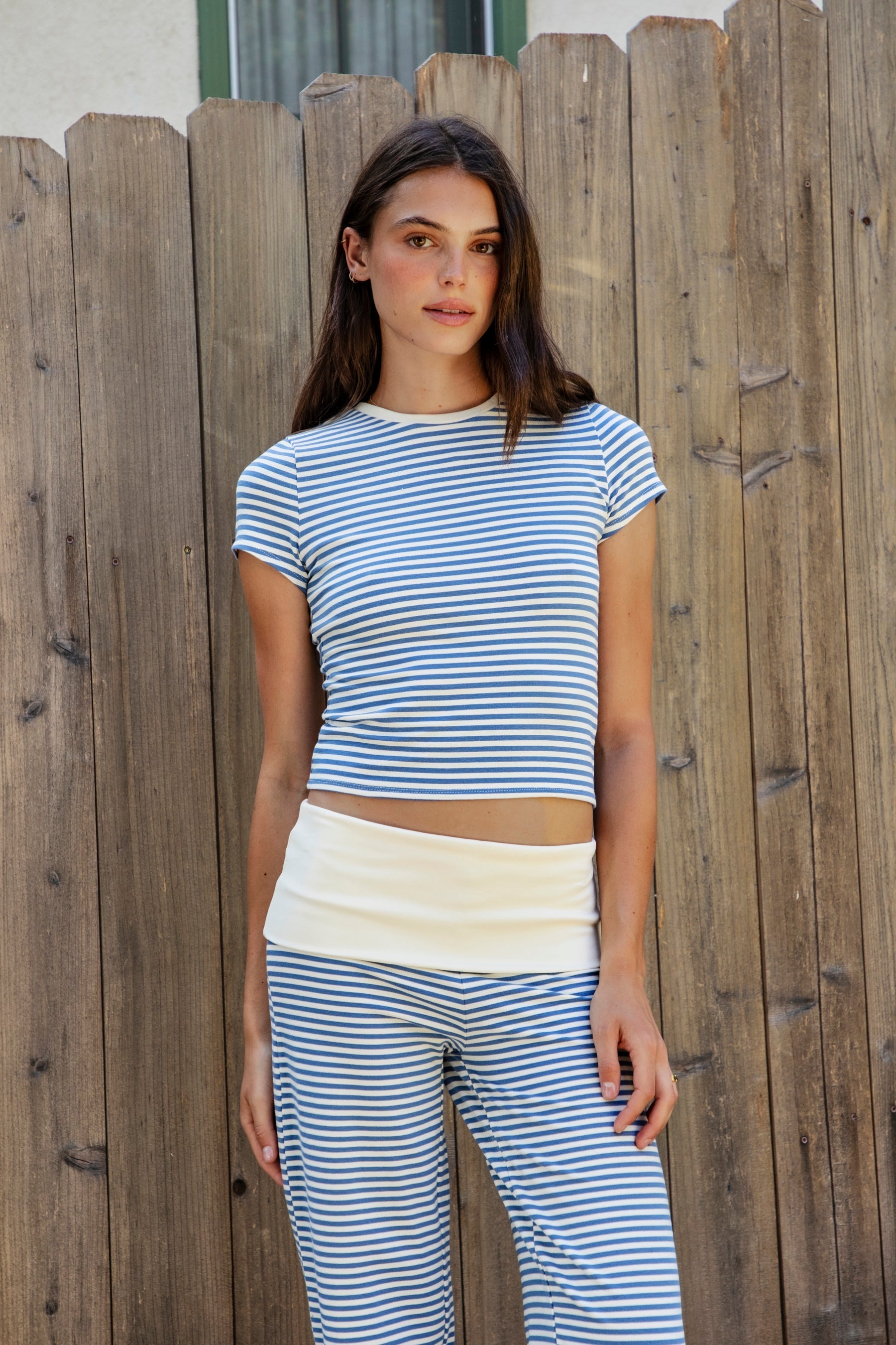 BRISA French Terry Stripe Crewneck Short Sleeve Top