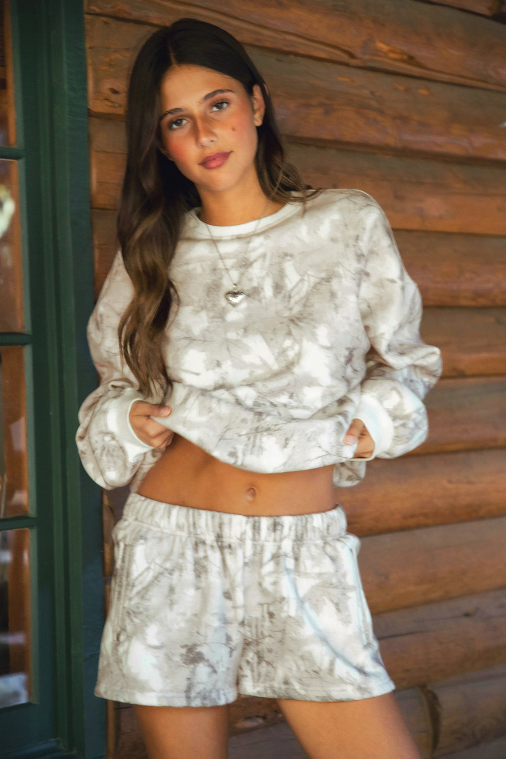 AVERY Woodland Camo Mid Rise Cloud Fleece Shorts