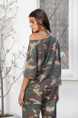SCOUT Military Camo Short Oversized Off Shoulder Top [Pre-order]