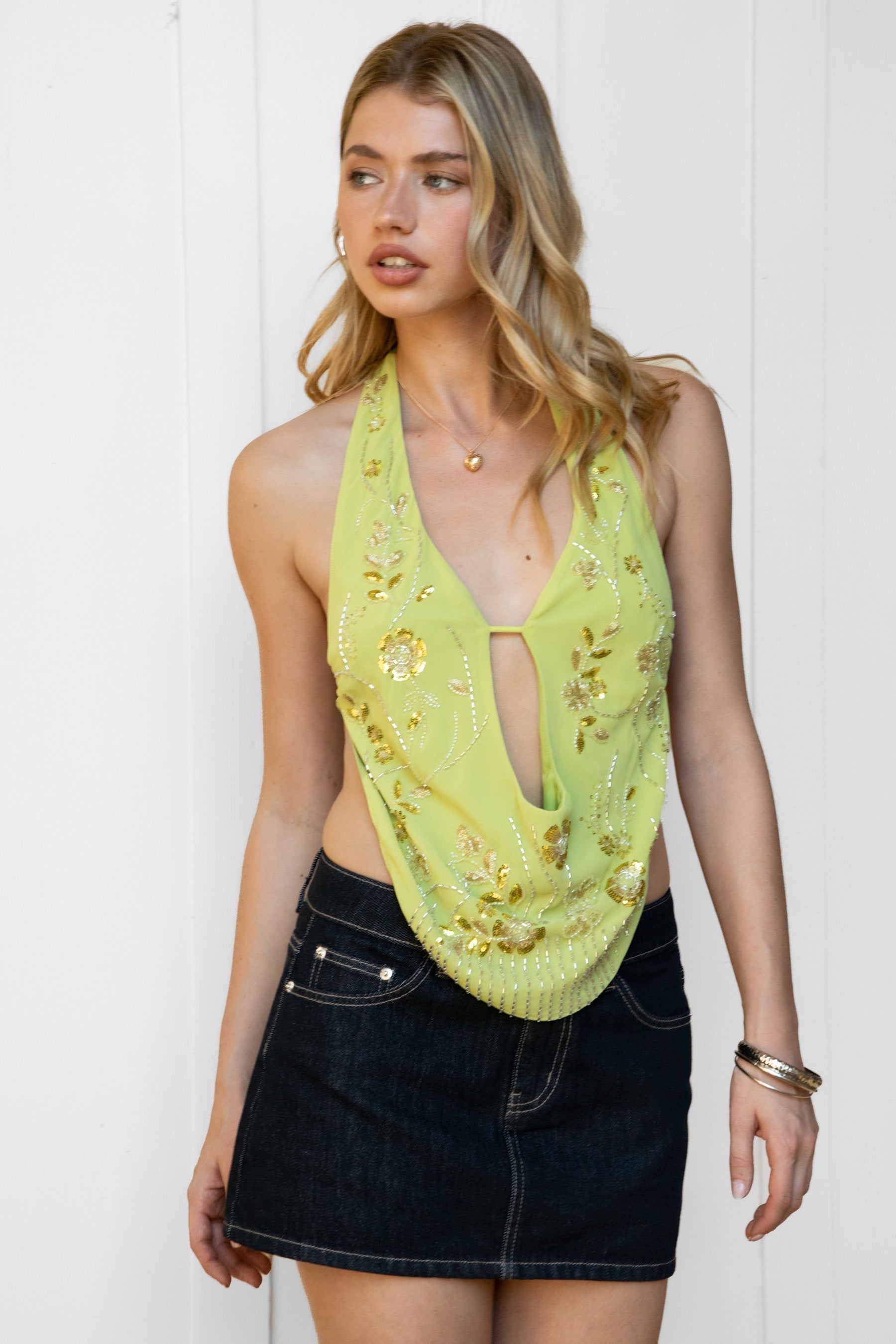 VEDA Beaded Embroidered Draped Cowl Halter Top