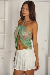 SERAYA Beaded Tassel Embellished Mesh Halter Scarf Top