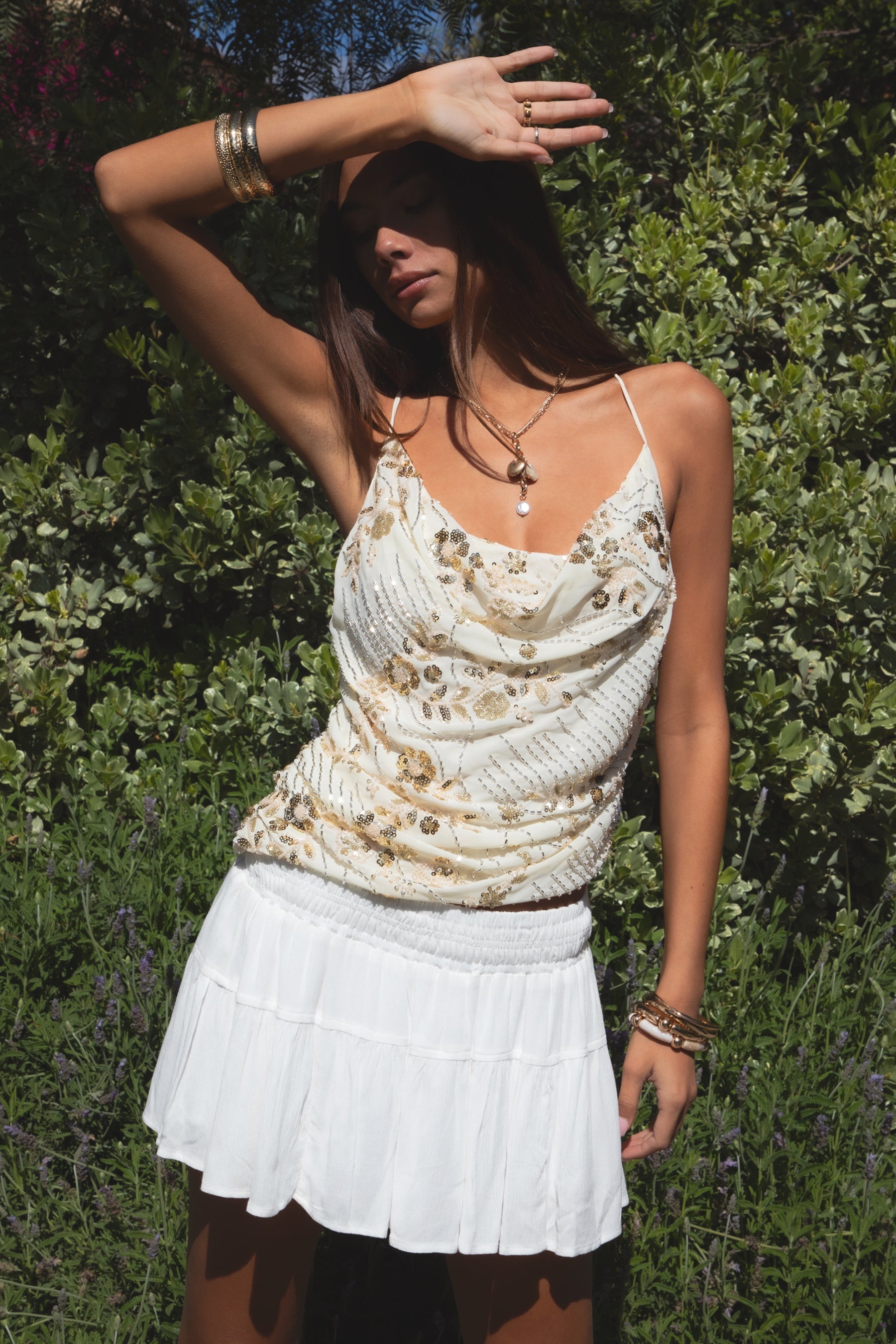 AURYA Chiffon Sequin Beaded Cowl Neck Top