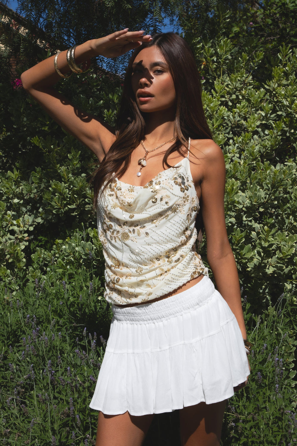 AURYA Chiffon Sequin Beaded Cowl Neck Top
