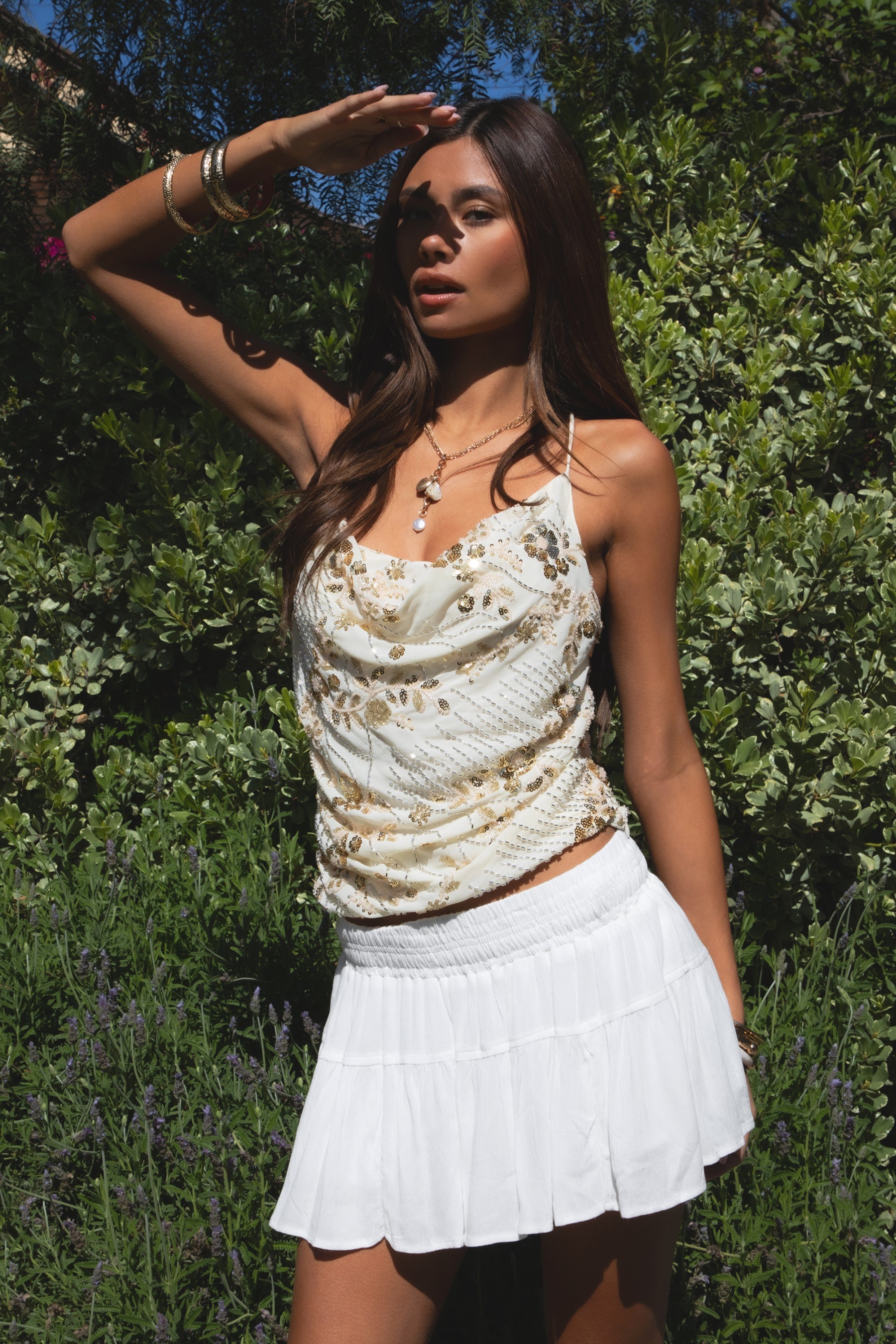 AURYA Chiffon Sequin Beaded Cowl Neck Top