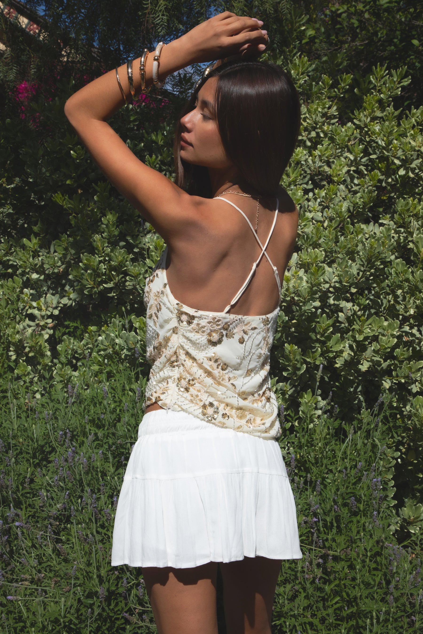 AURYA Chiffon Sequin Beaded Cowl Neck Top
