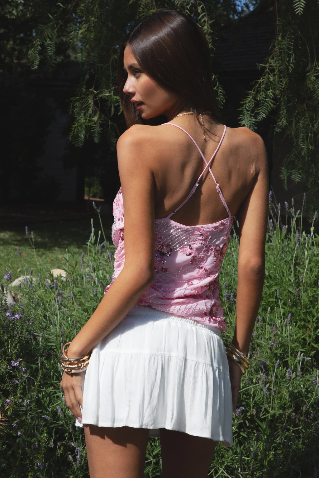 AURYA Chiffon Sequin Beaded Cowl Neck Top