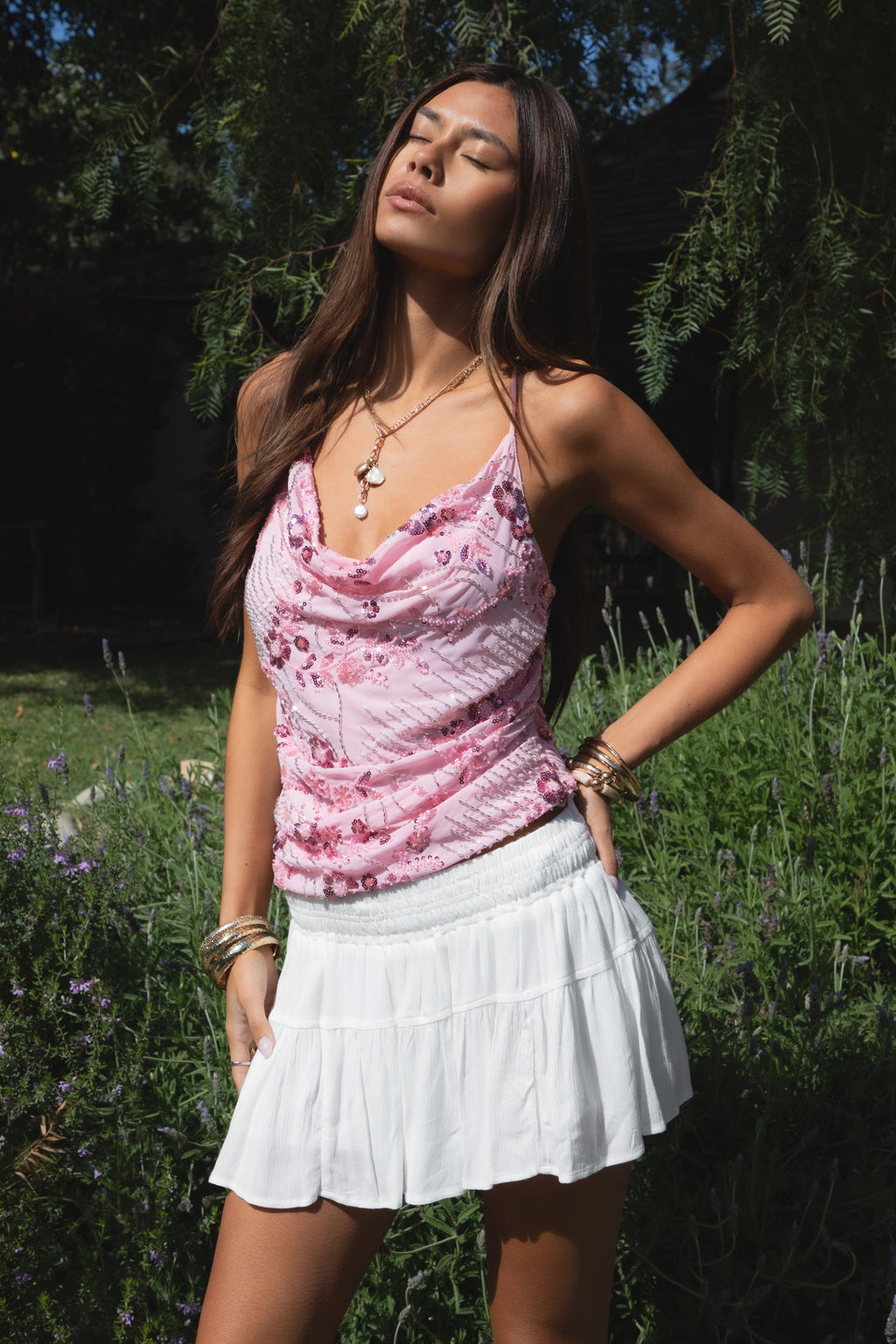 AURYA Chiffon Sequin Beaded Cowl Neck Top