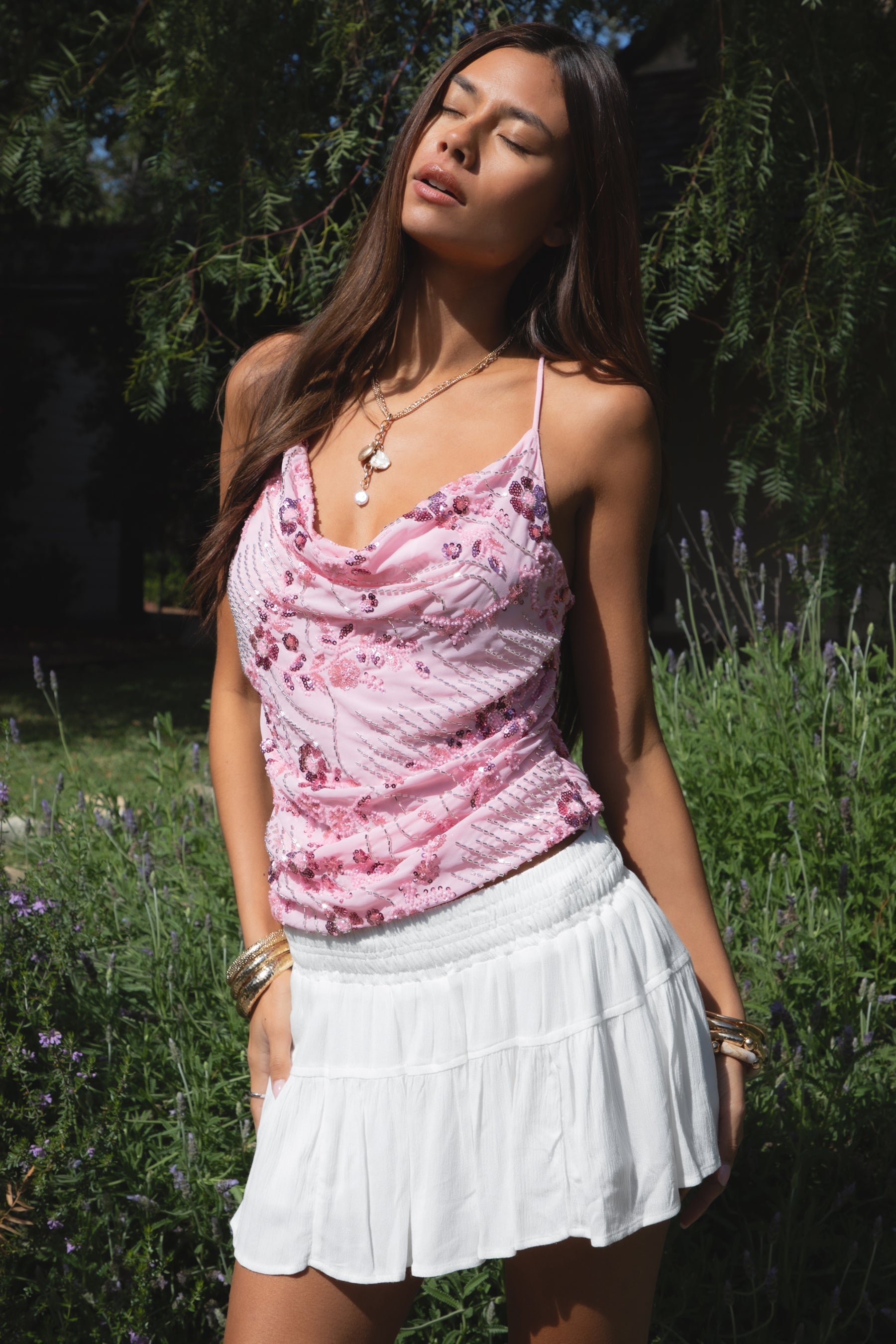 AURYA Chiffon Sequin Beaded Cowl Neck Top