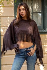STALLION Faux Suede Cropped Flowy Fringe Poncho