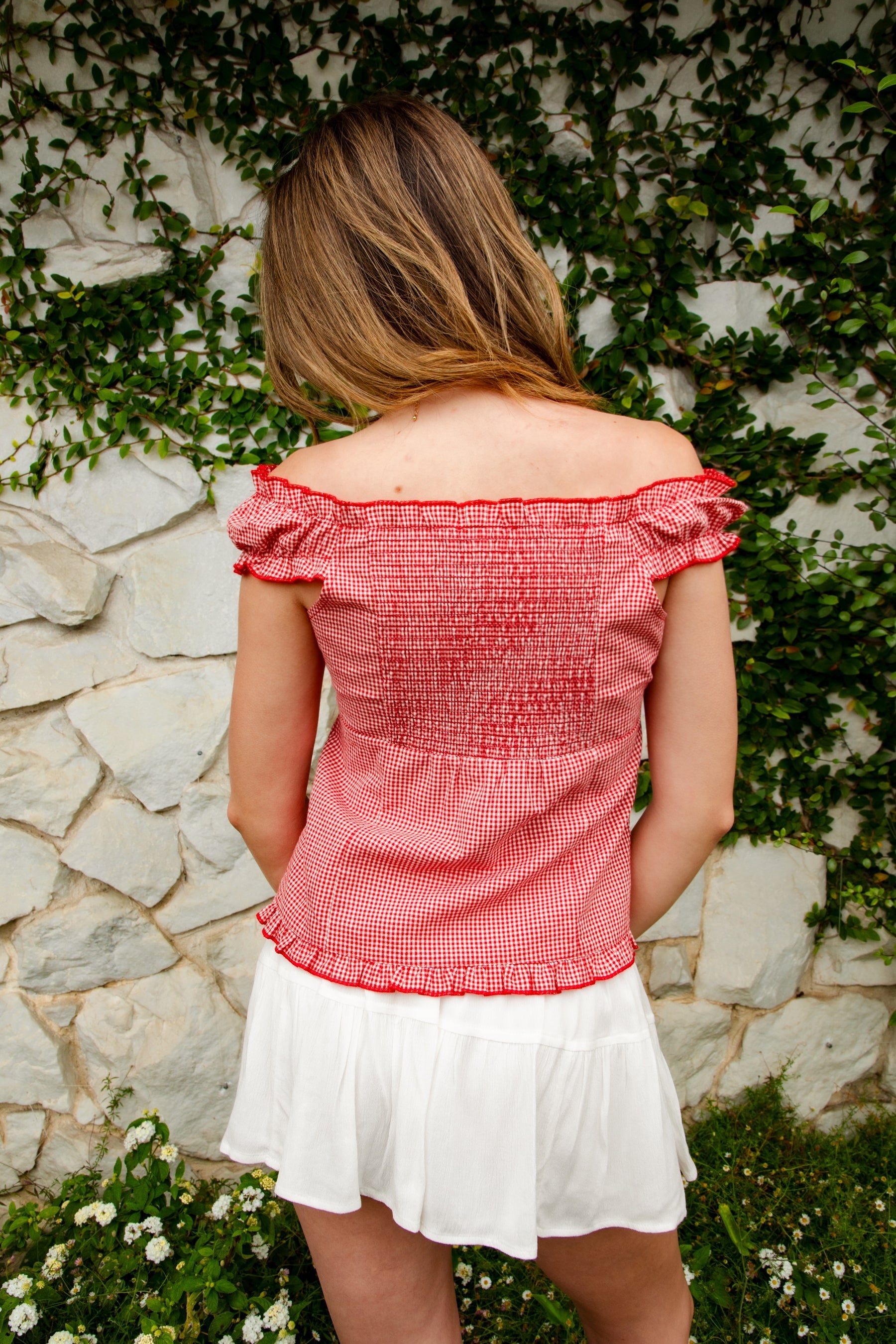 MAREN Gingham Off Shoulder Ruffle Cap Sleeve Top