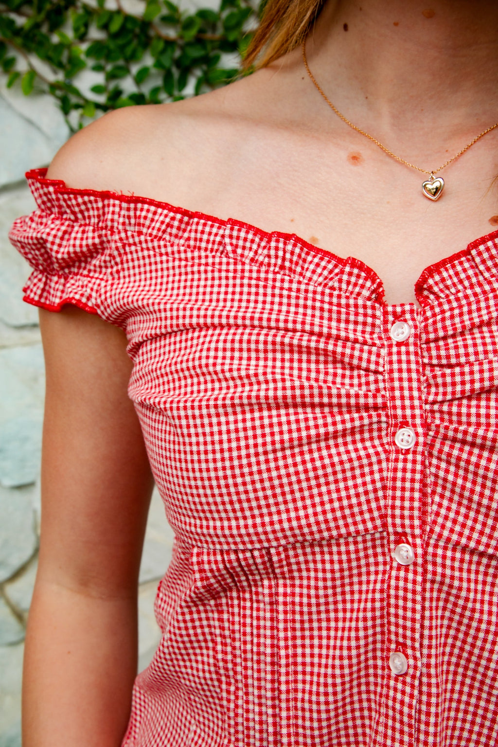MAREN Gingham Off Shoulder Ruffle Cap Sleeve Top