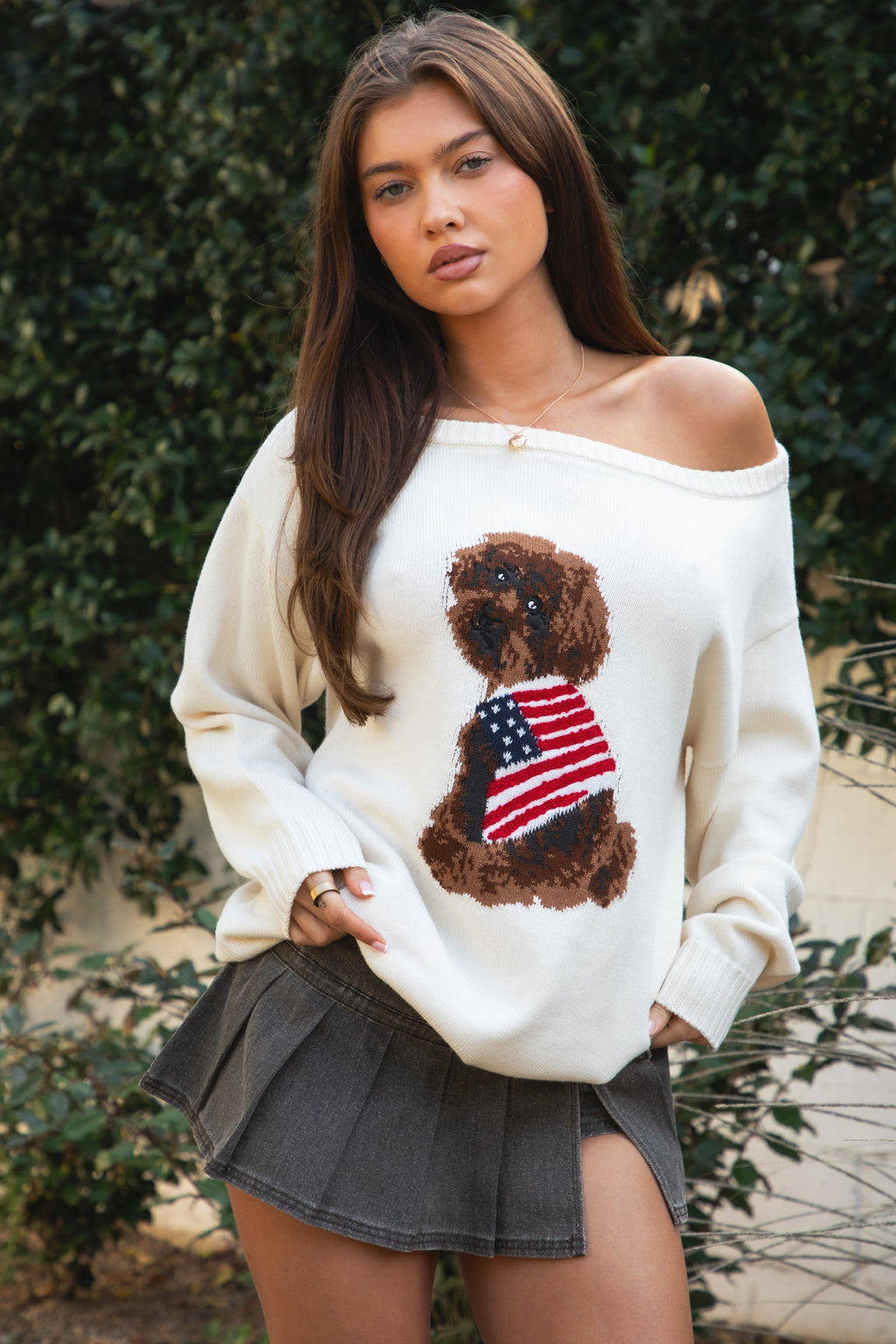 MALTIE Off Shoulder Graphic Knit Sweater