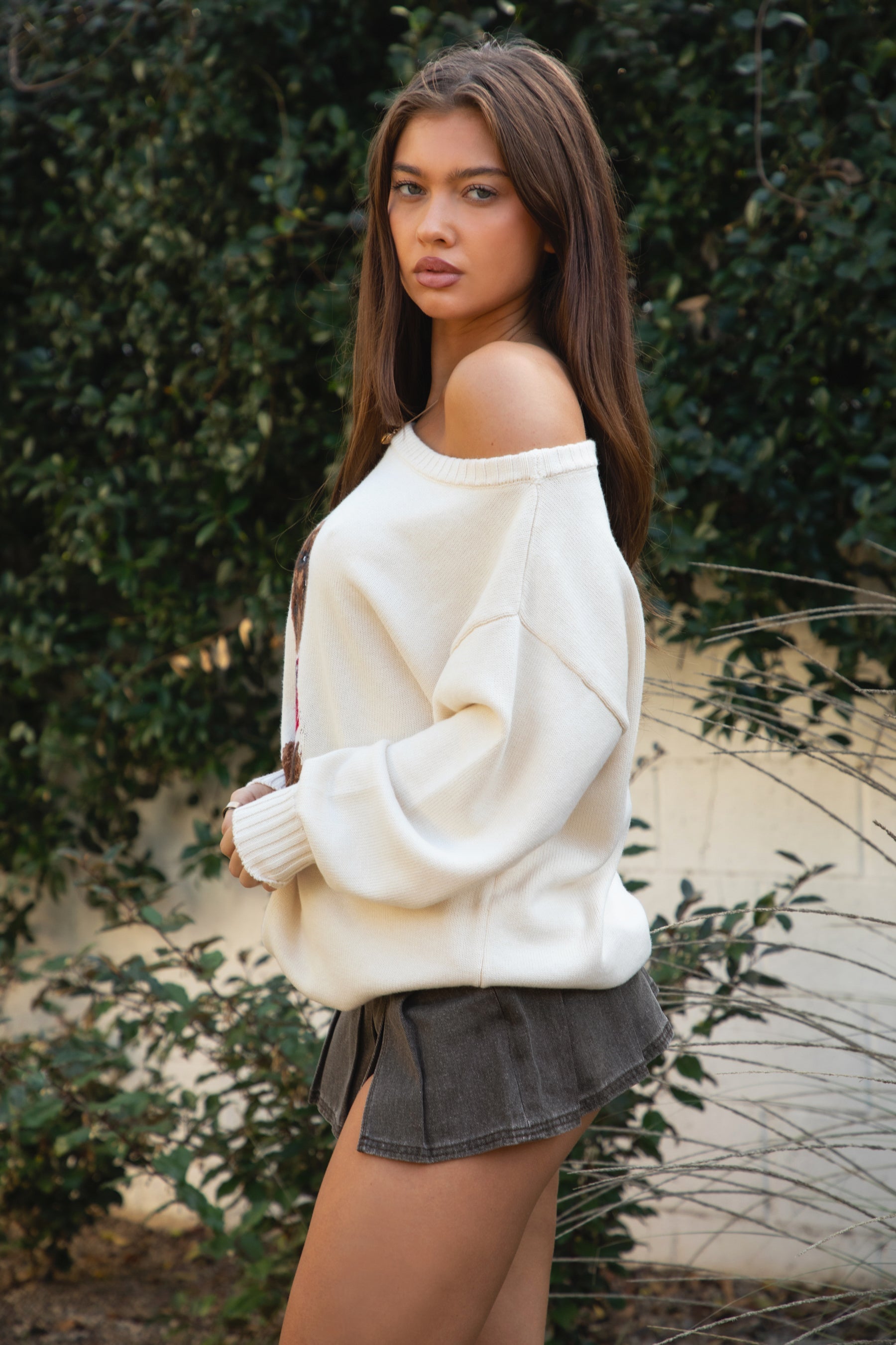 MALTIE Off Shoulder Graphic Knit Sweater