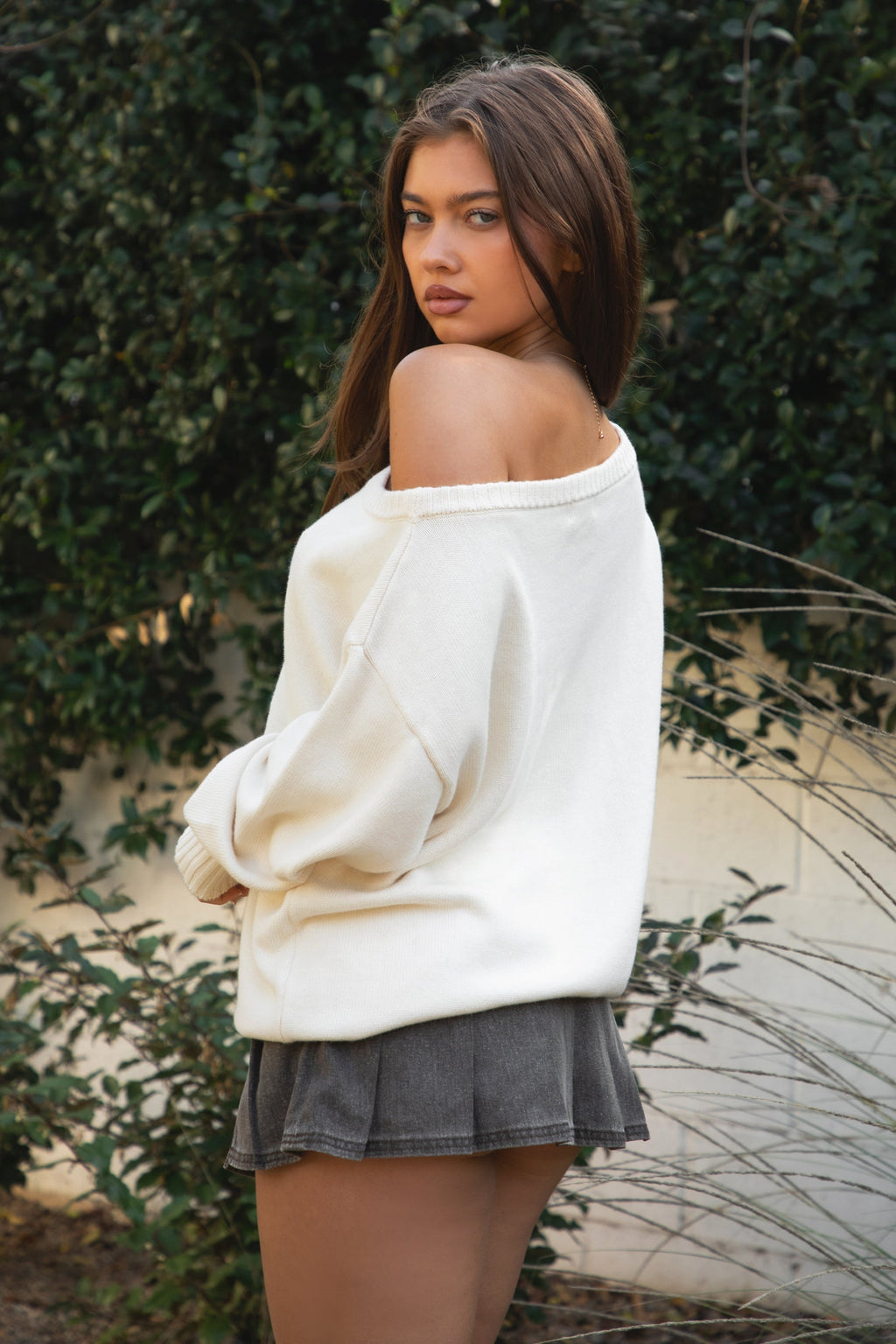 MALTIE Off Shoulder Graphic Knit Sweater