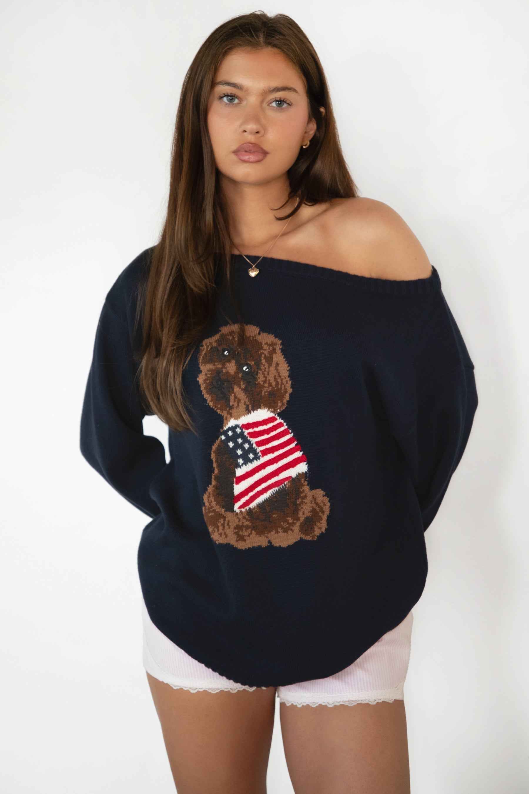 MALTIE Off Shoulder Graphic Knit Sweater