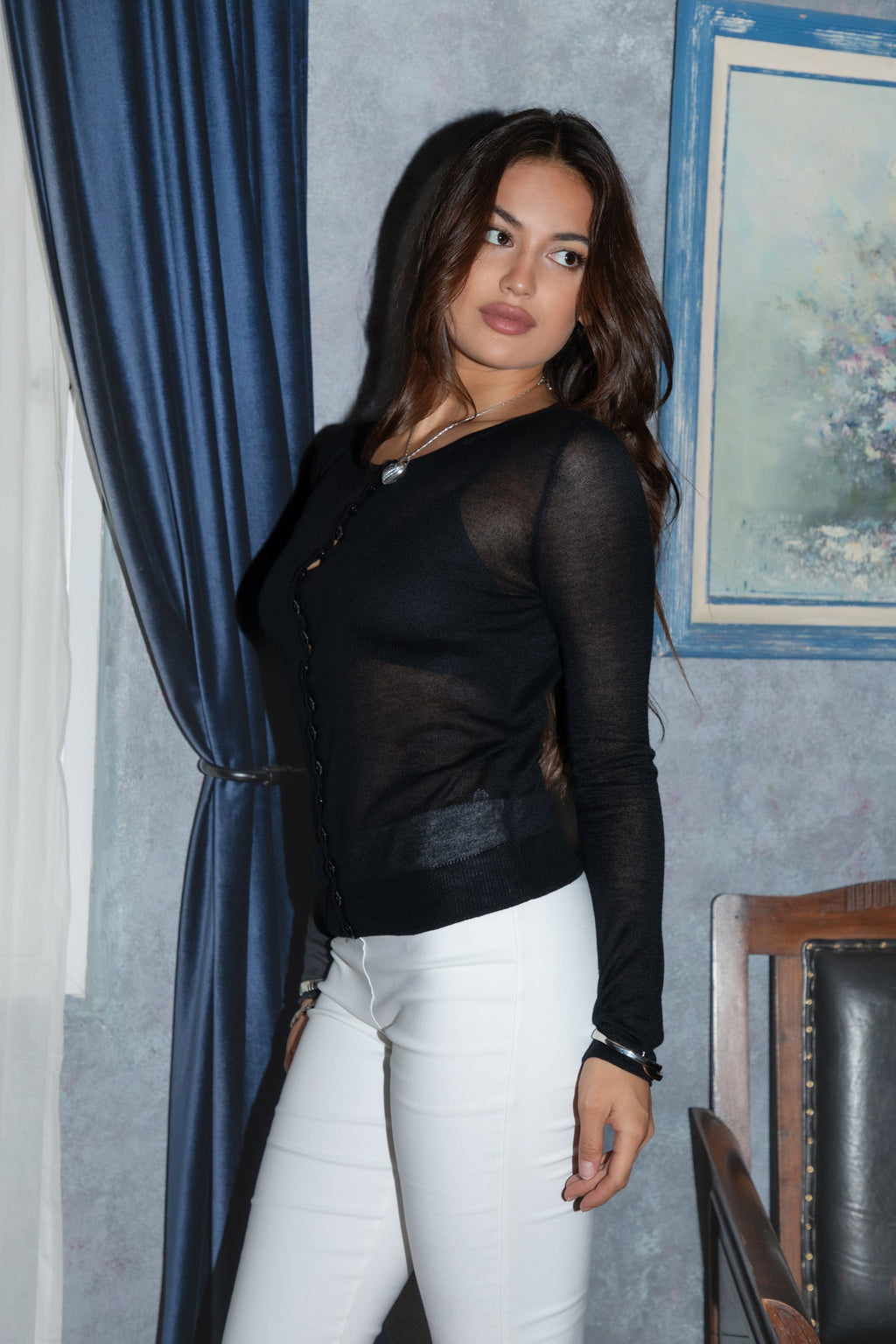 ELISSE Sheer Knit Button Down Long Sleeve Top