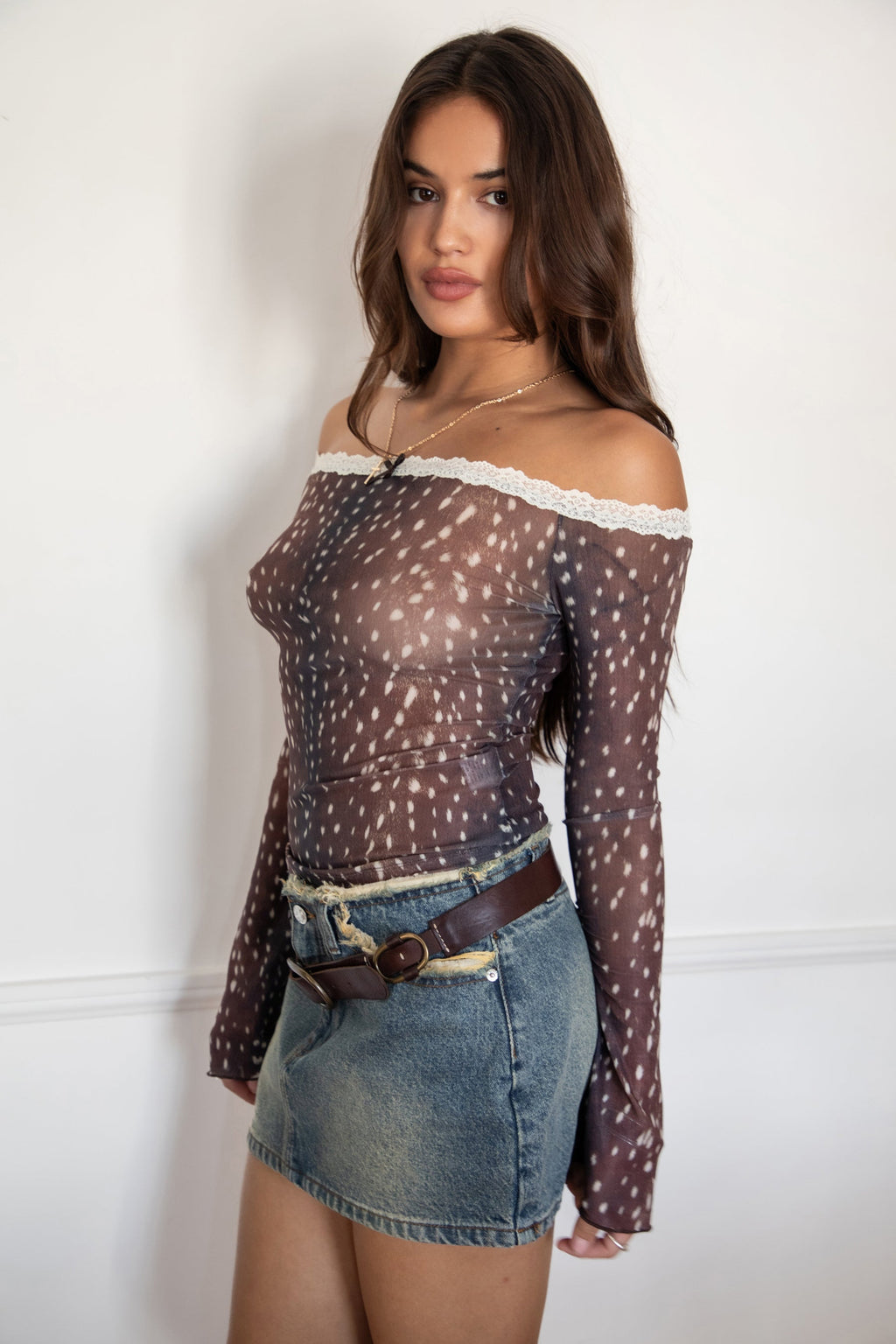 BAMBELLE Deer Mesh Print Off-The-Shoulder Top