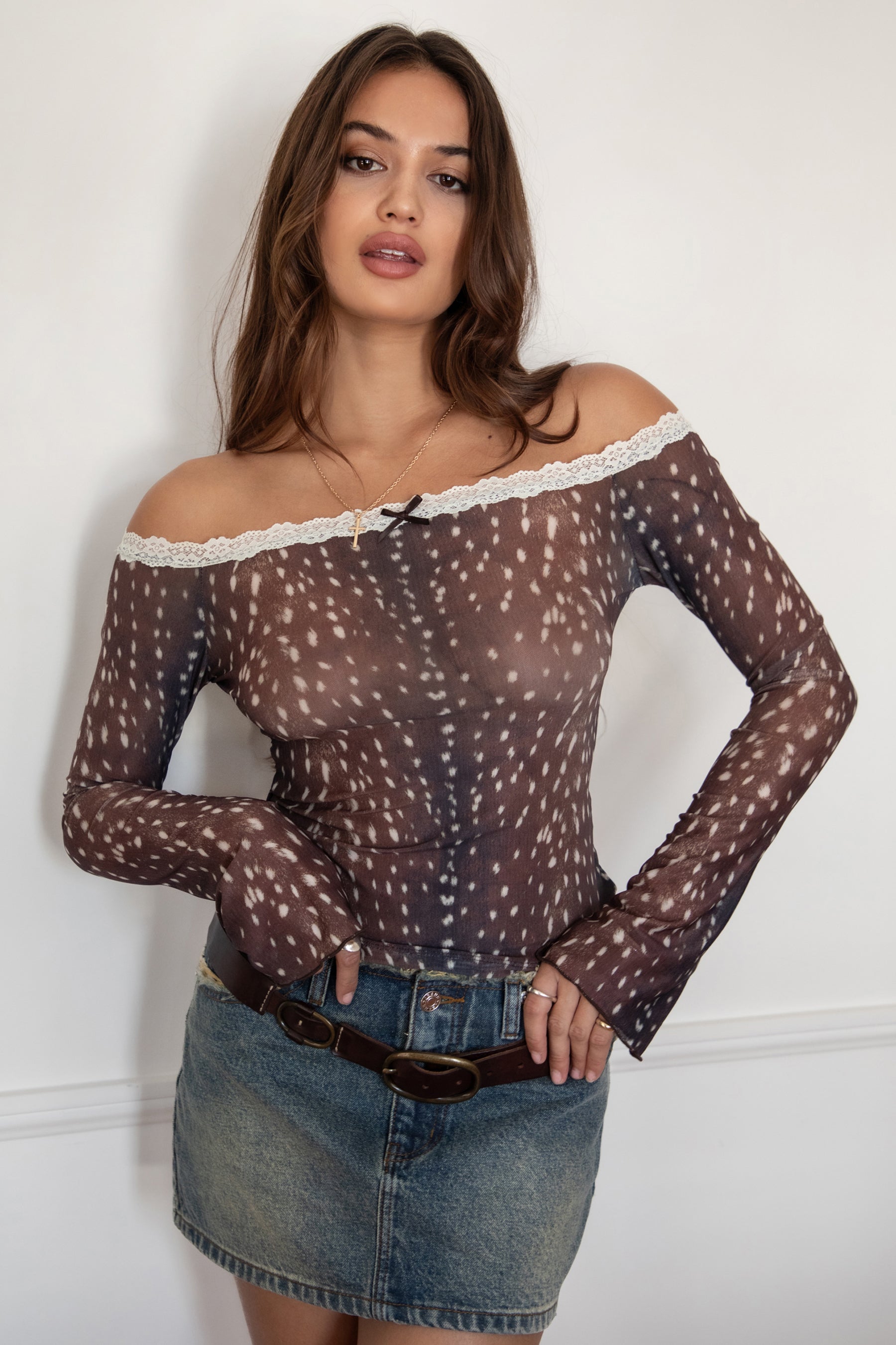 BAMBELLE Deer Mesh Print Off-The-Shoulder Top