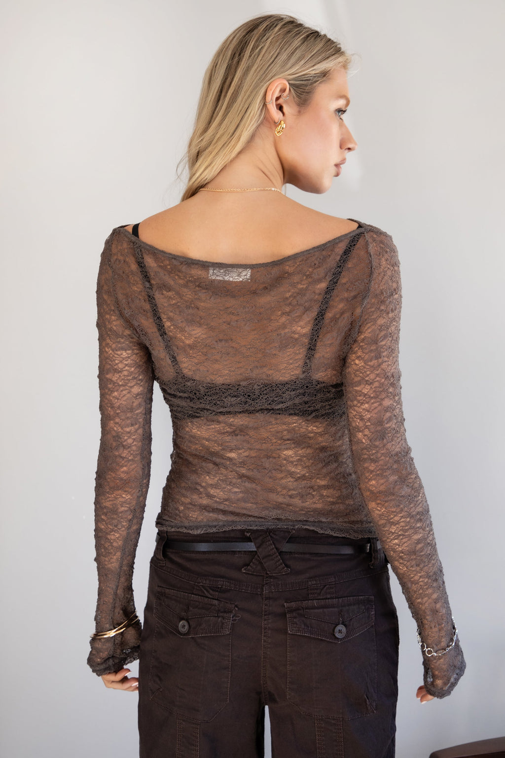MIRELLE Stretch Sheer Lace Long Sleeve Top