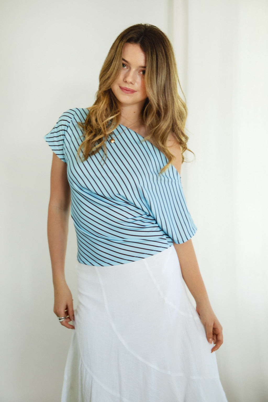 AURE Striped Slash Neck Ruched Waist Top [Pre-order]