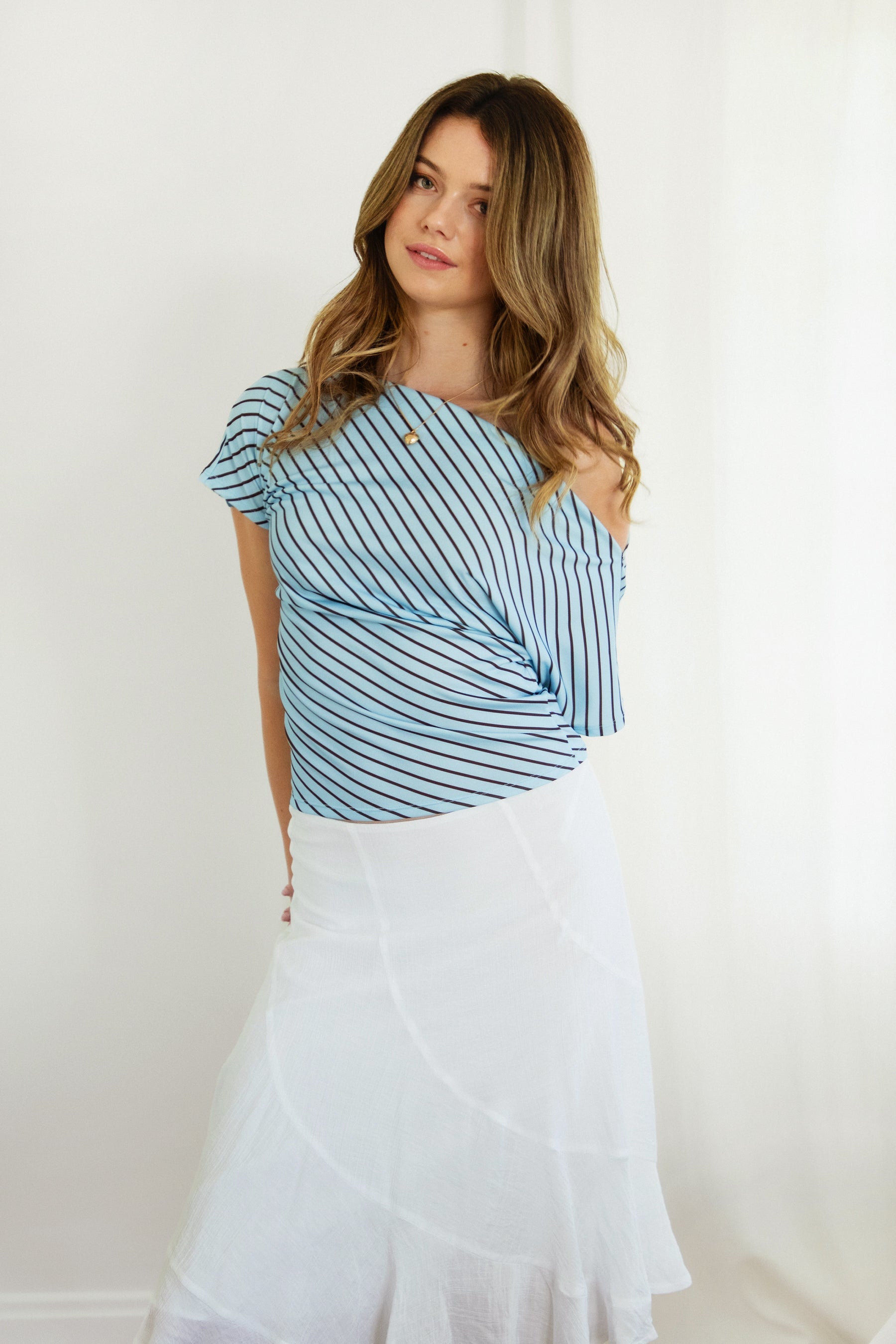 AURE Striped Slash Neck Ruched Waist Top [Pre-order]