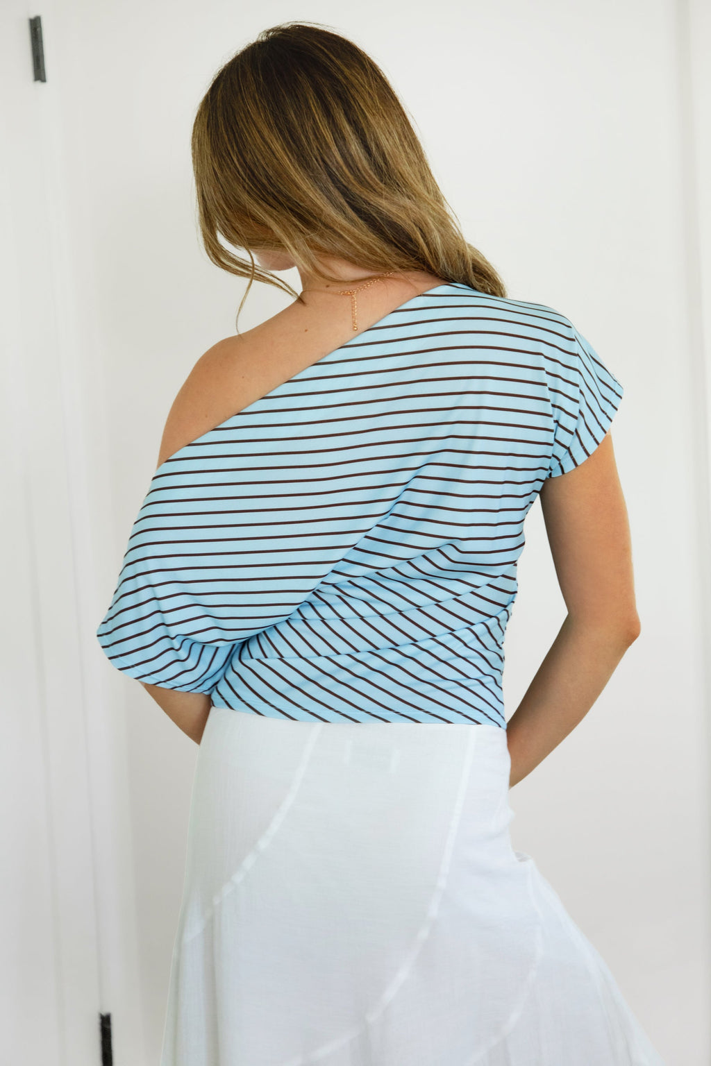 AURE Striped Slash Neck Ruched Waist Top [Pre-order]