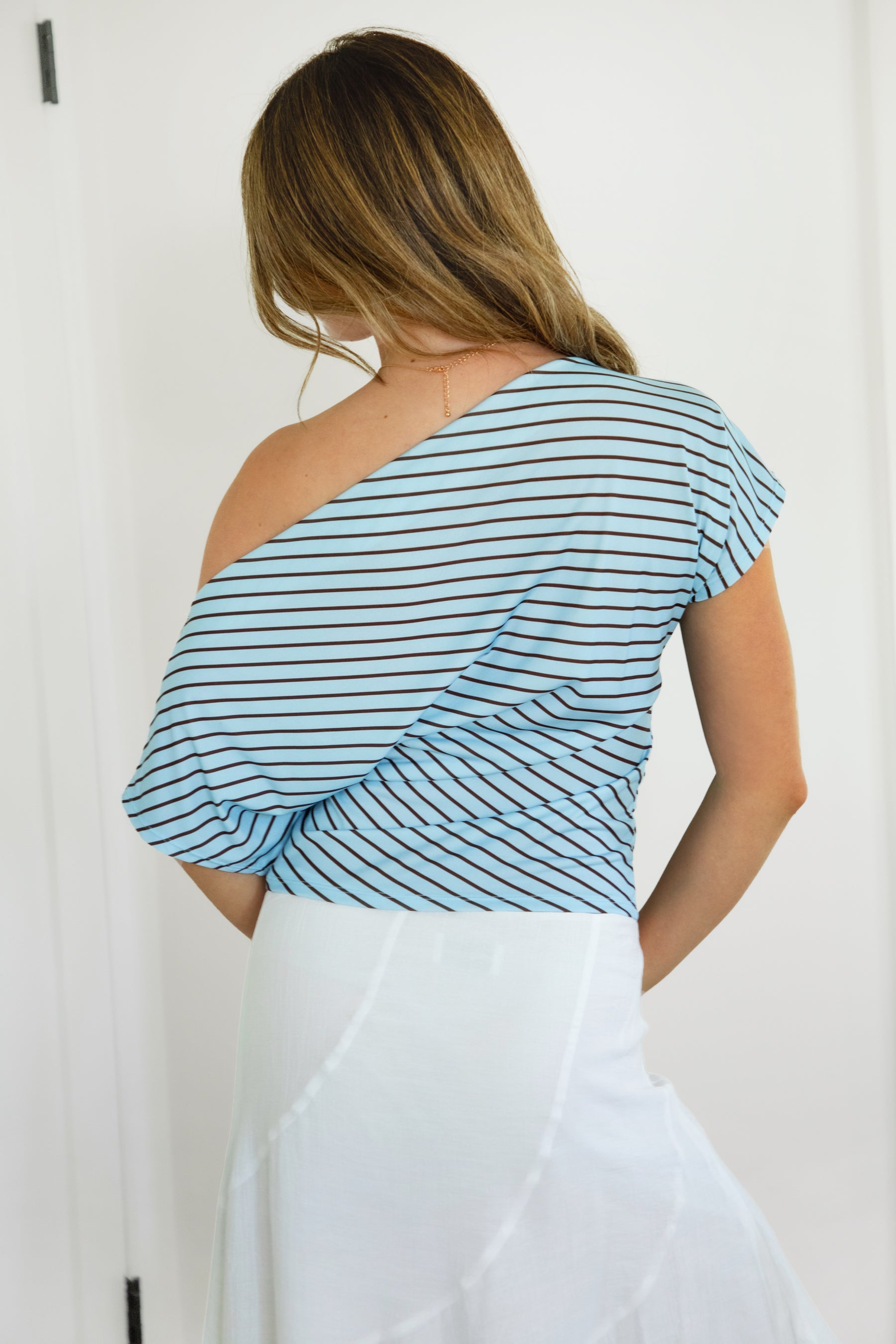 AURE Striped Slash Neck Ruched Waist Top [Pre-order]