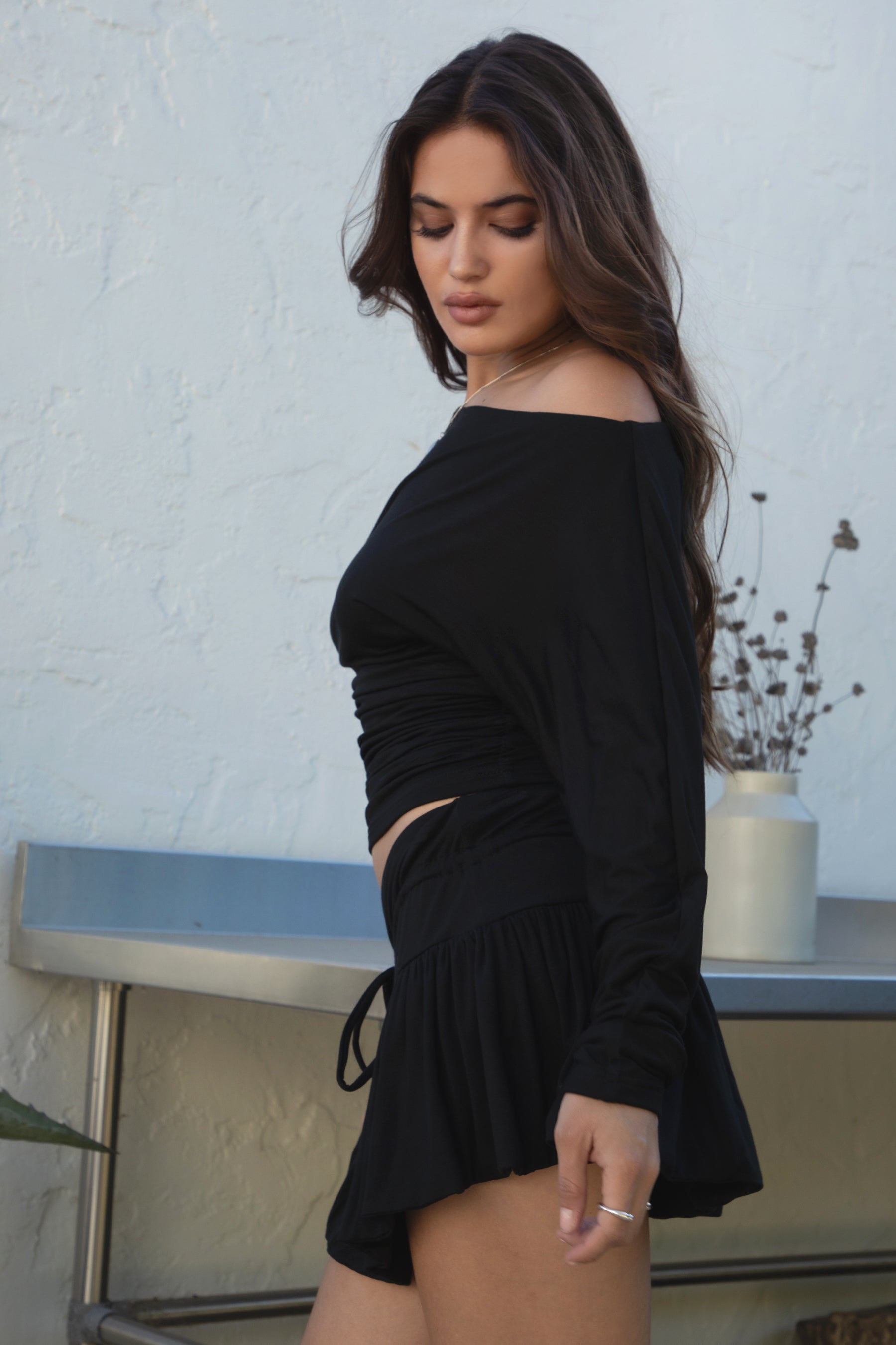 SORA Asymmetric Off The Shoulder Long Sleeve Top