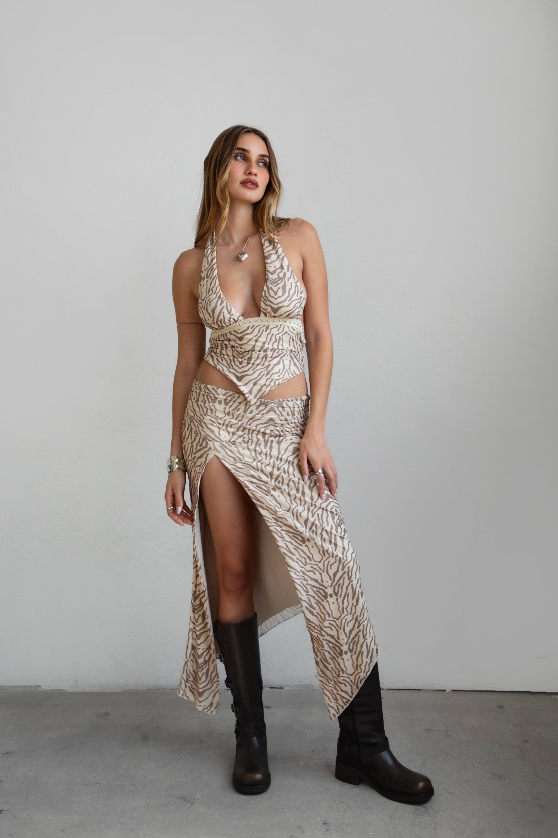 ALMEDA Mesh Print Halter Top & Maxi Skirt Set